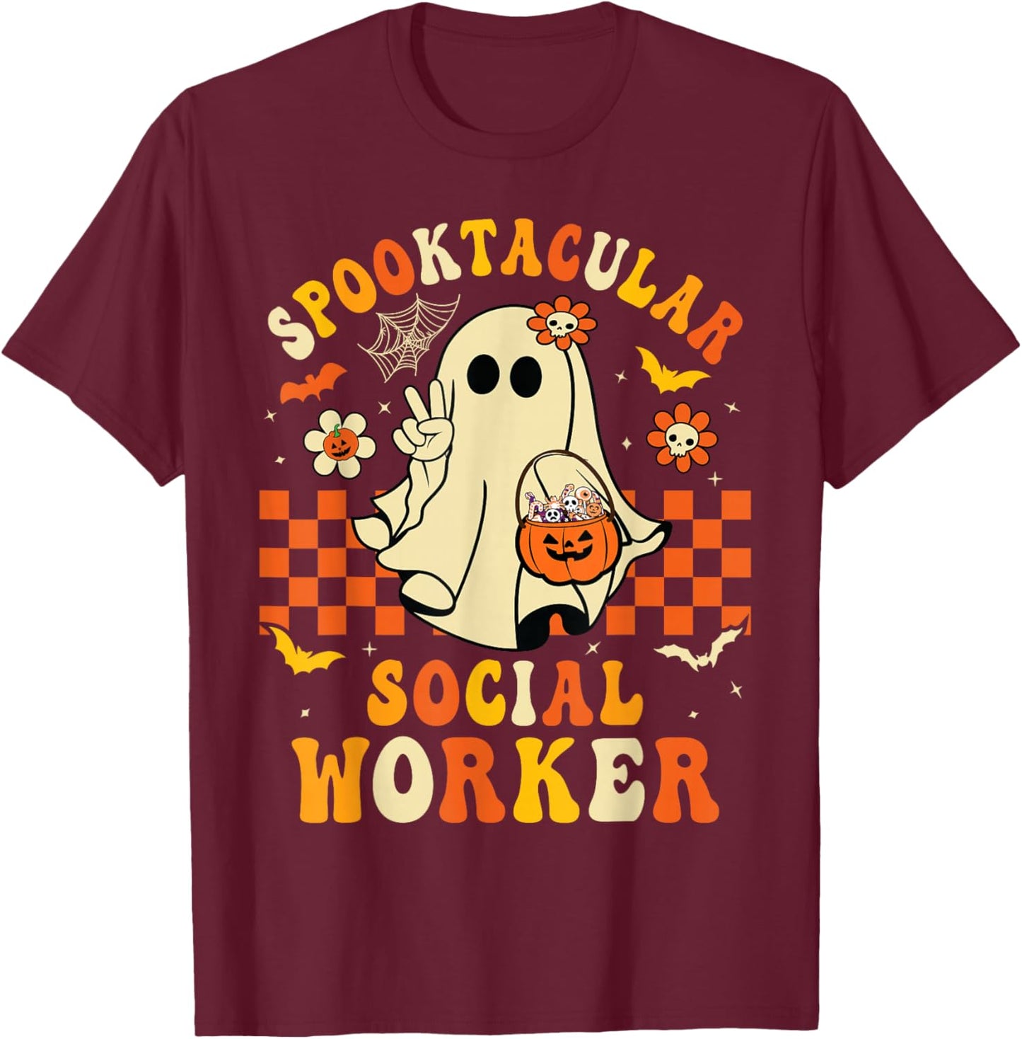 Groovy Spooktacular School Social Worker Halloween Ghost T-Shirt - T-Shirt | Maroon