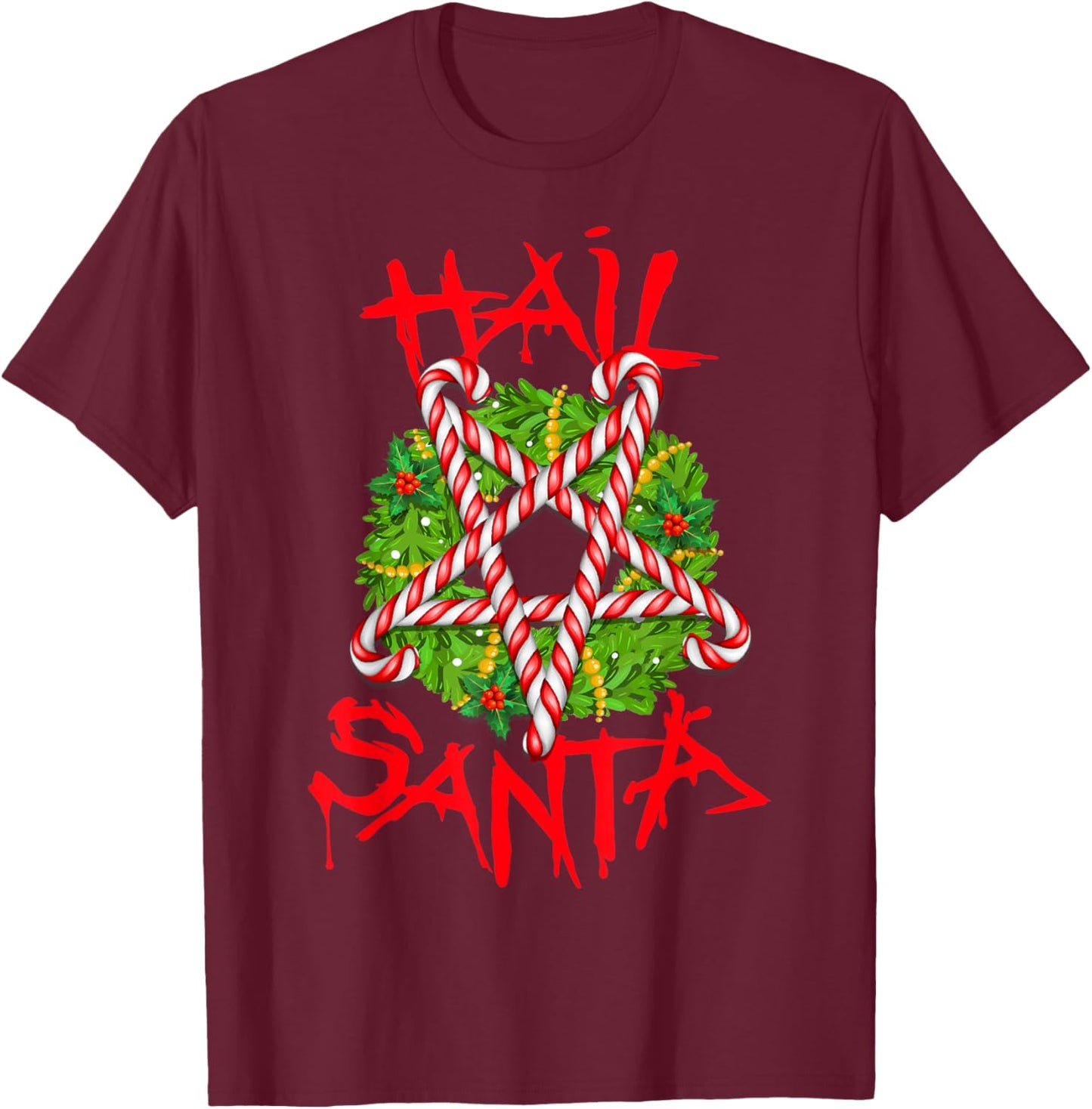 Christmas Hail Santa Candy Cane Pentagram Evil Krampus Satan T-Shirt - T-Shirt | Maroon