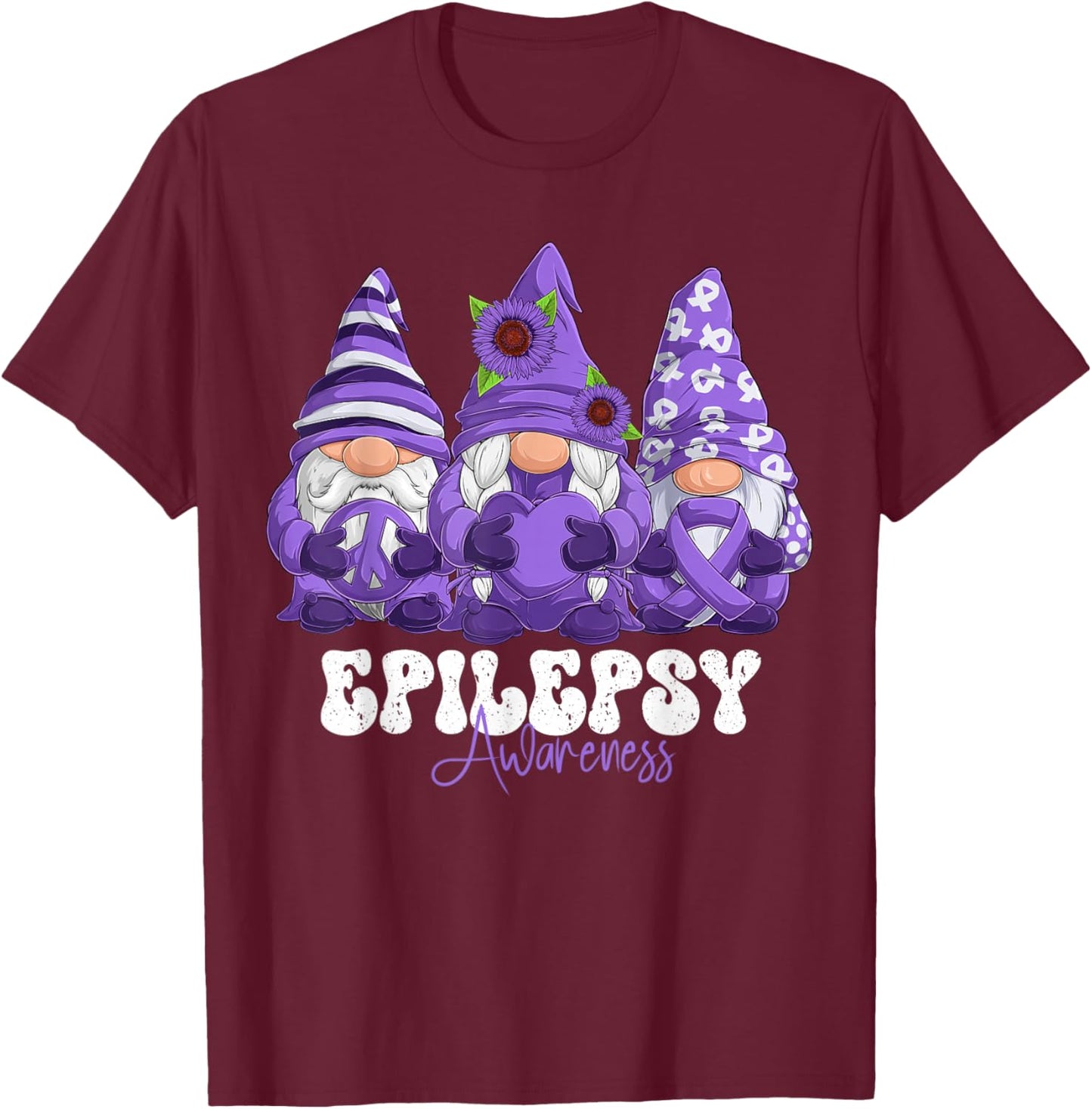 Epilepsy Awareness Month Purple Ribbon Gnomies T-Shirt - T-Shirt | Maroon