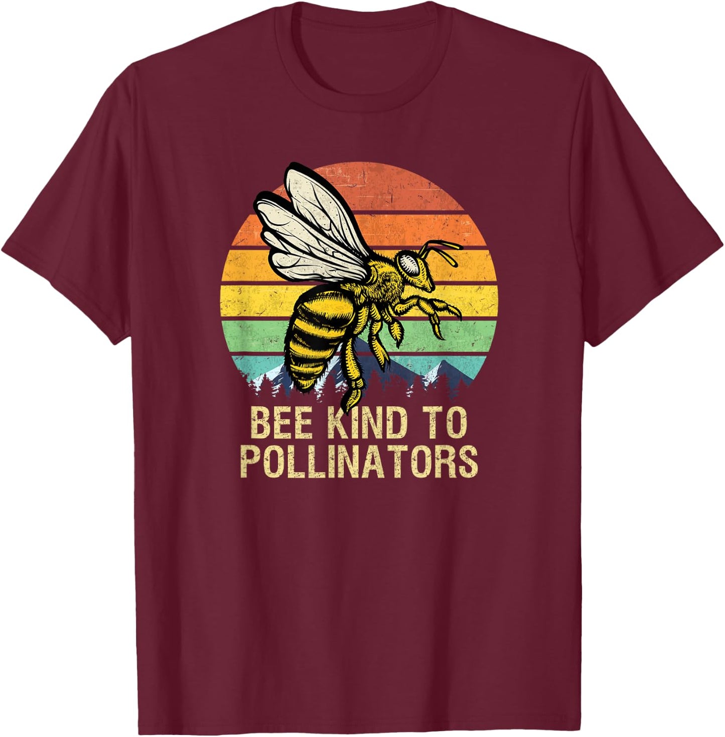 Bee Kind To Pollinators Honey-Bee With Retro Sunset T-Shirt - T-Shirt | Maroon
