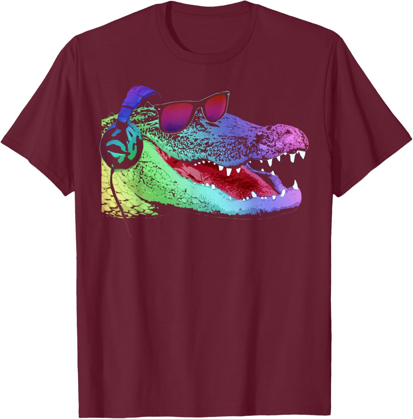 Alligator with Headphones and Sunglasses T-Shirt - T-Shirt | Maroon