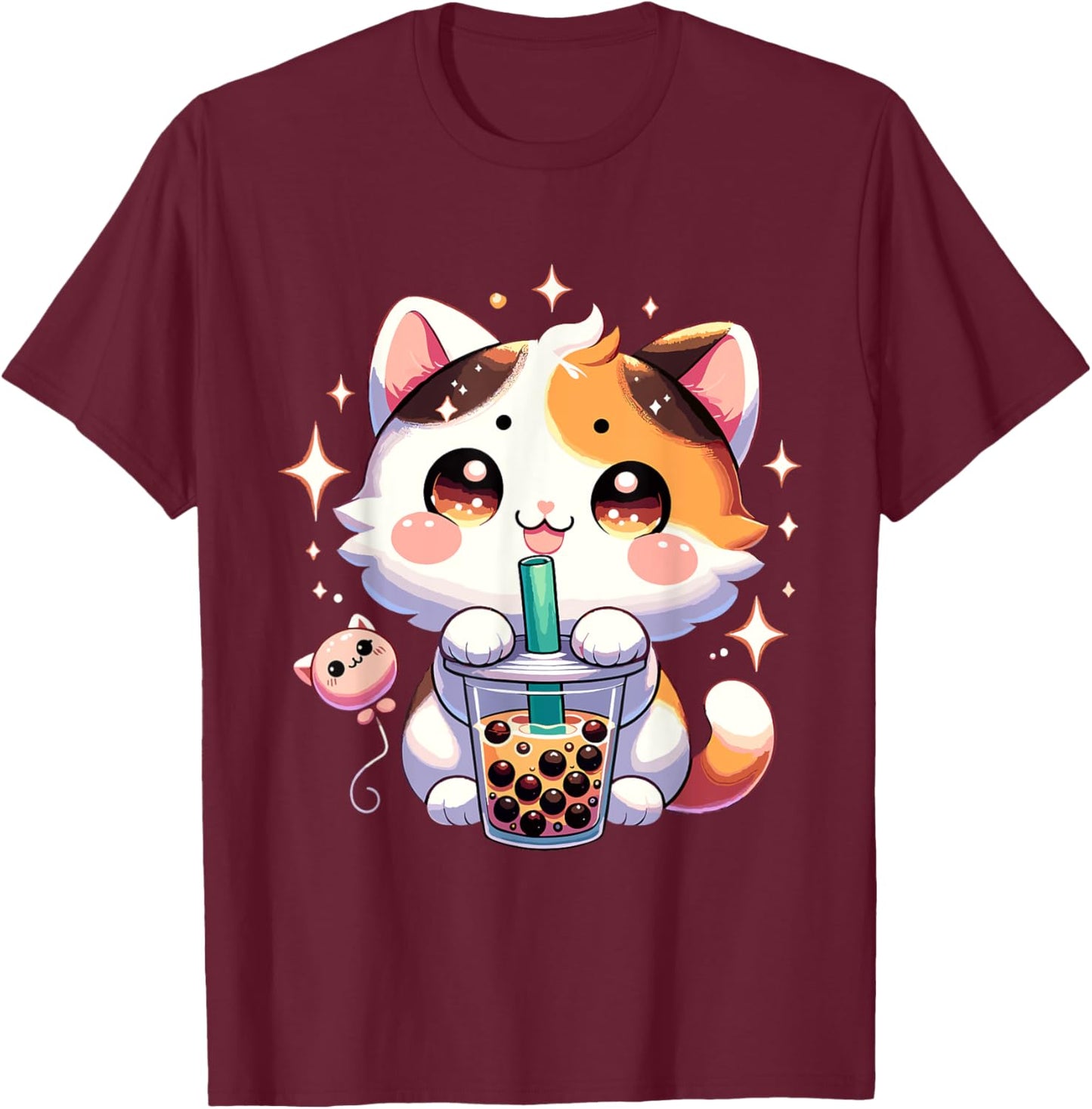 Cat Boba Japanese Kawaii Anime Kitty Bubble Tea Neko Teen T-Shirt - T-Shirt | Maroon