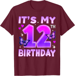 12th Birthday Cute Butterfly Bday 12 Year Old Birthday Girl T-Shirt - T-Shirt | Maroon
