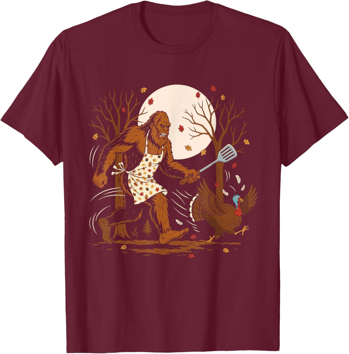 Funny Thanksgiving Bigfoot Turkey Sasquatch Autumn T-Shirt - T-Shirt | Maroon
