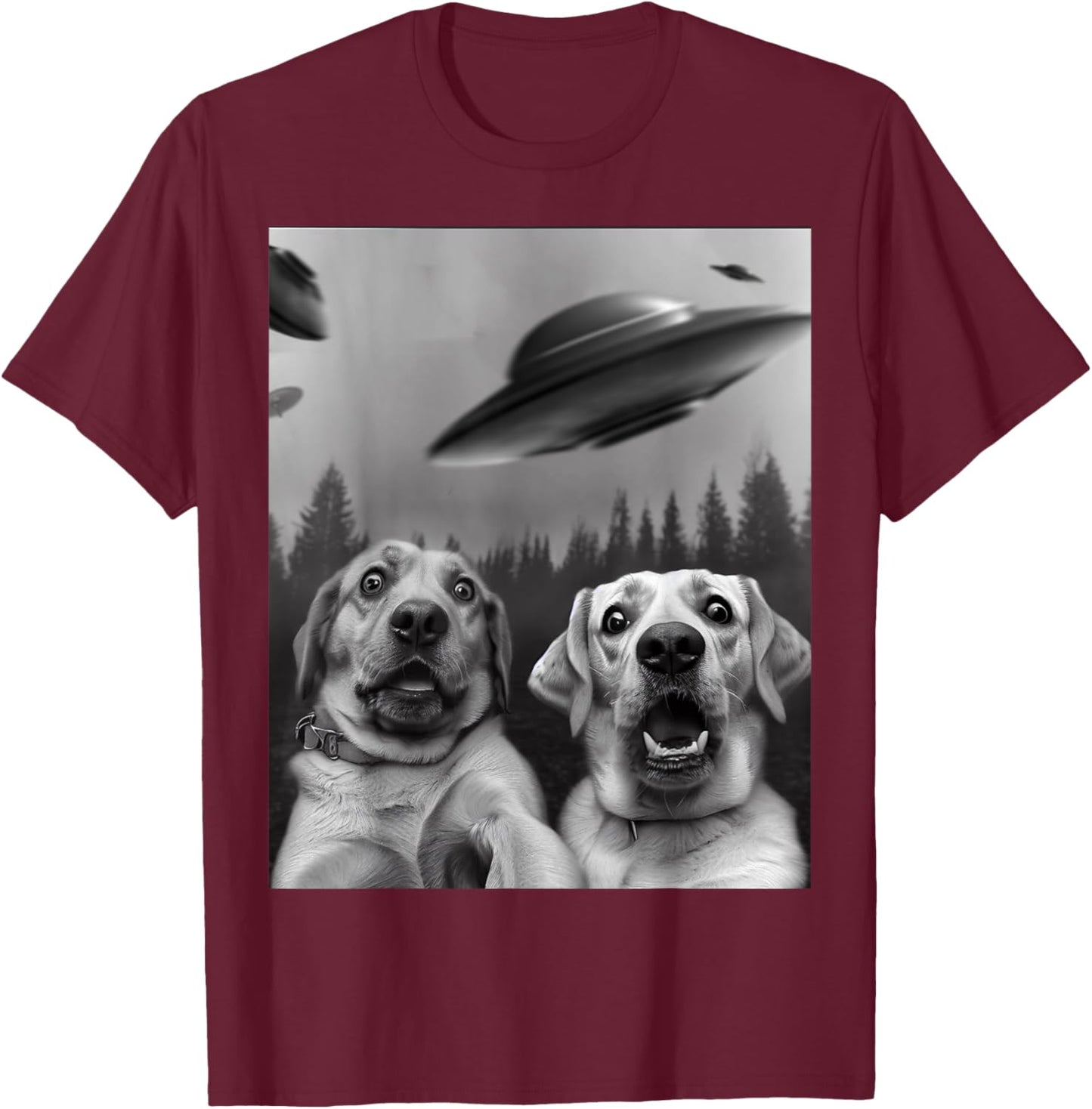 "Labrador Selfie" Funny Two Scaredy-Dogs and UFOs in Forest T-Shirt - T-Shirt | Maroon