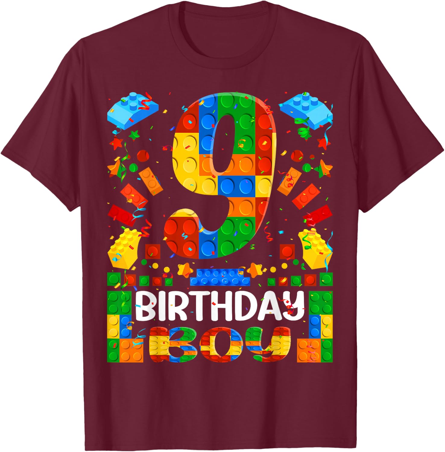 9 Year Old Building Blocks 9th Birthday Boy Brick Builder T-Shirt - T-Shirt | Maroon