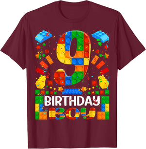 9 Year Old Building Blocks 9th Birthday Boy Brick Builder T-Shirt - T-Shirt | Maroon