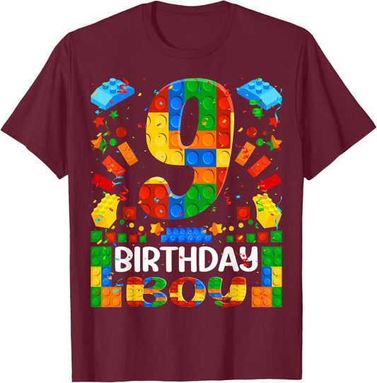 9 Year Old Building Blocks 9th Birthday Boy Brick Builder T-Shirt - T-Shirt | Maroon