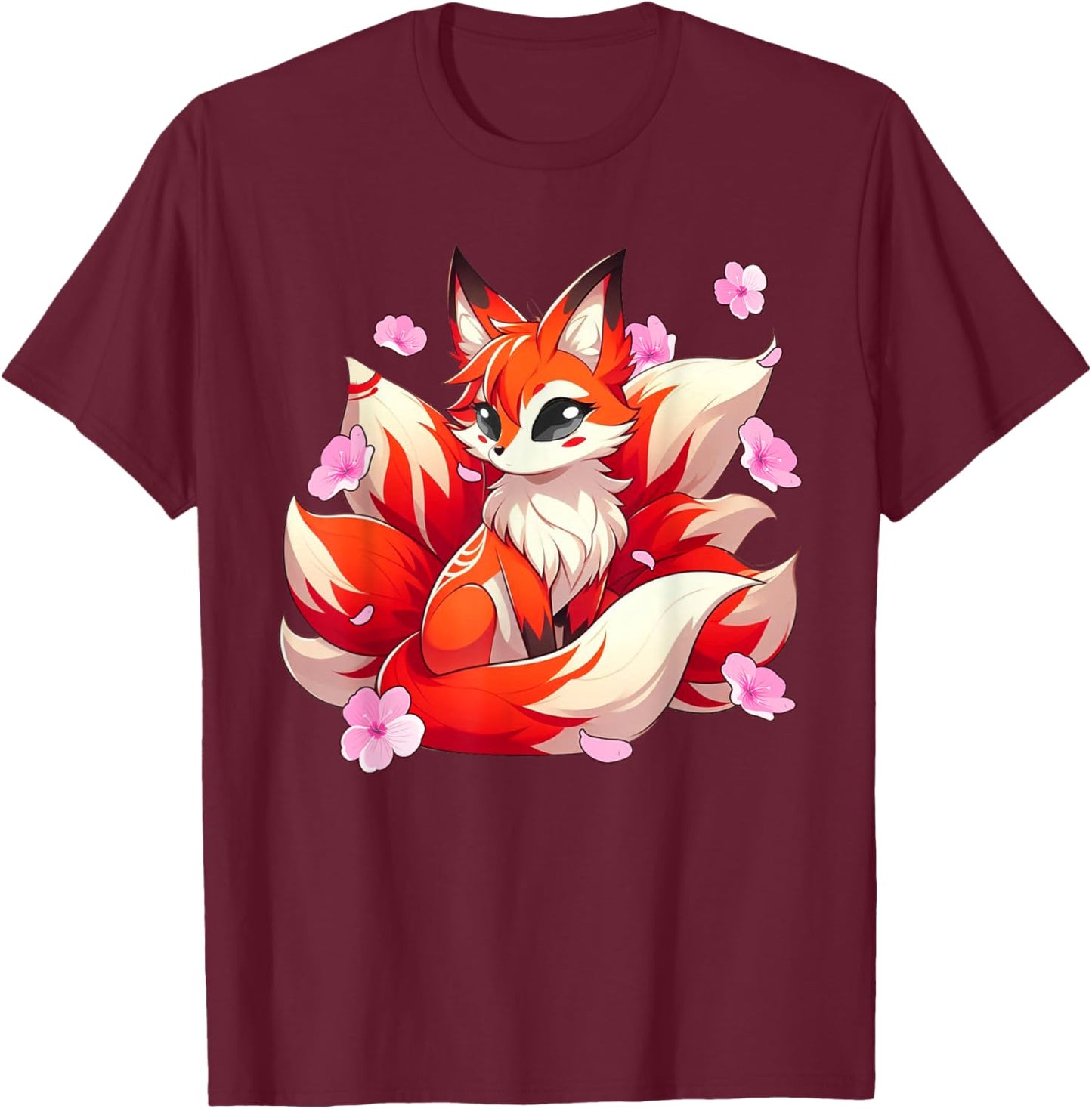 Japanese Kawaii Kitsune Nine Tail Fox Cherry Blossom Flowers T-Shirt - T-Shirt | Maroon