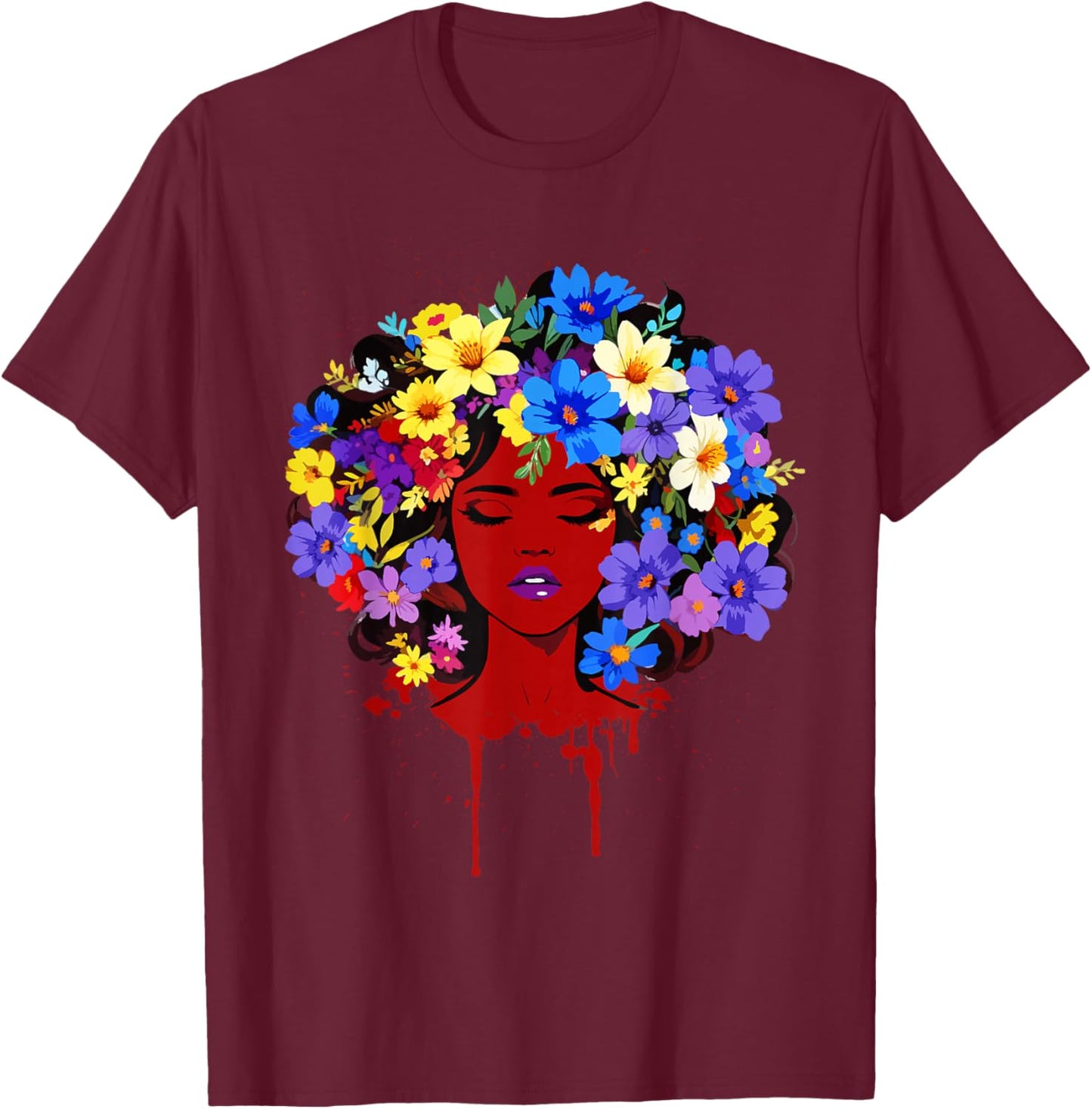 Afro Girl Flower Hair Black History Juneteenth Black Queen T-Shirt - T-Shirt | Maroon