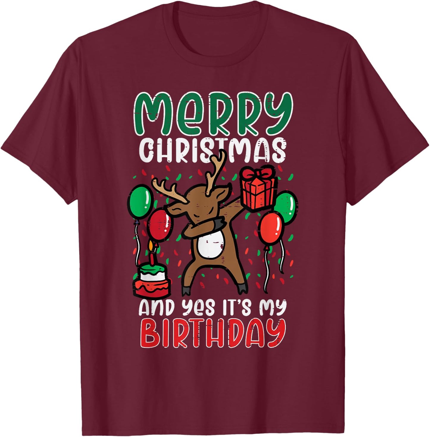 Merry Christmas Its My Birthday Reindeer Dab Xmas Bday Kids T-Shirt - T-Shirt | Maroon