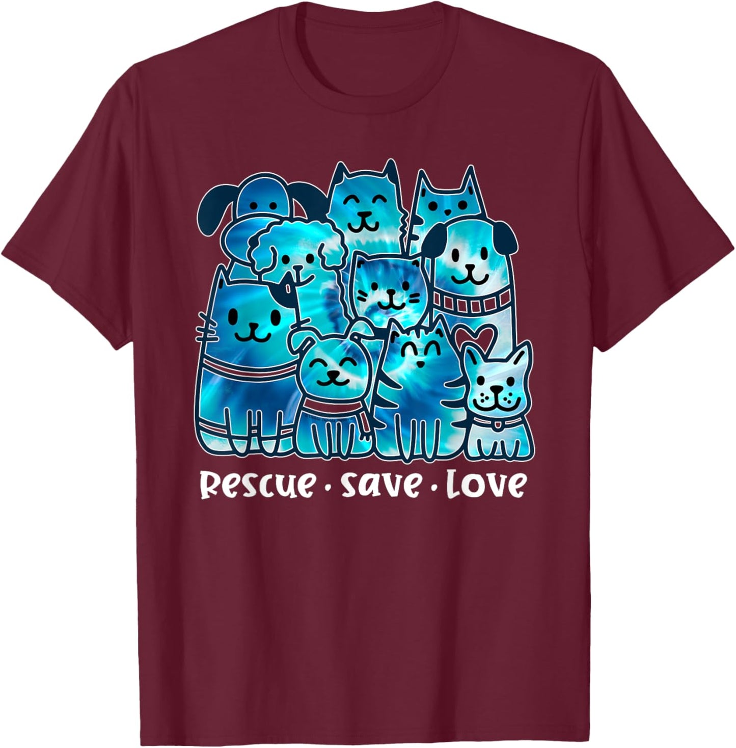 Rescue Save Love Cute Tie Dye Animal Rescue Dog Cat Lovers T-Shirt - T-Shirt | Maroon
