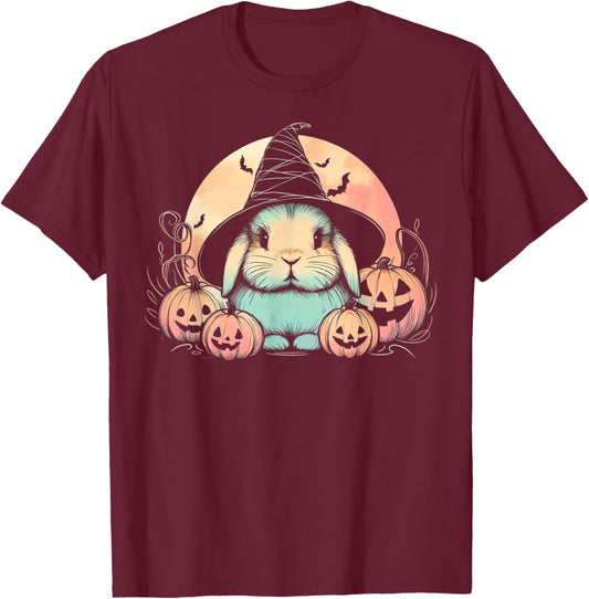 Halloween Witch Rabbit Spooky Holland Lop with Pumpkins Moon T-Shirt - T-Shirt | Maroon