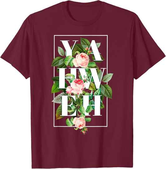 YHWH Yahweh Hebrew God Jewish Christian Retro Flower T-Shirt - T-Shirt | Maroon