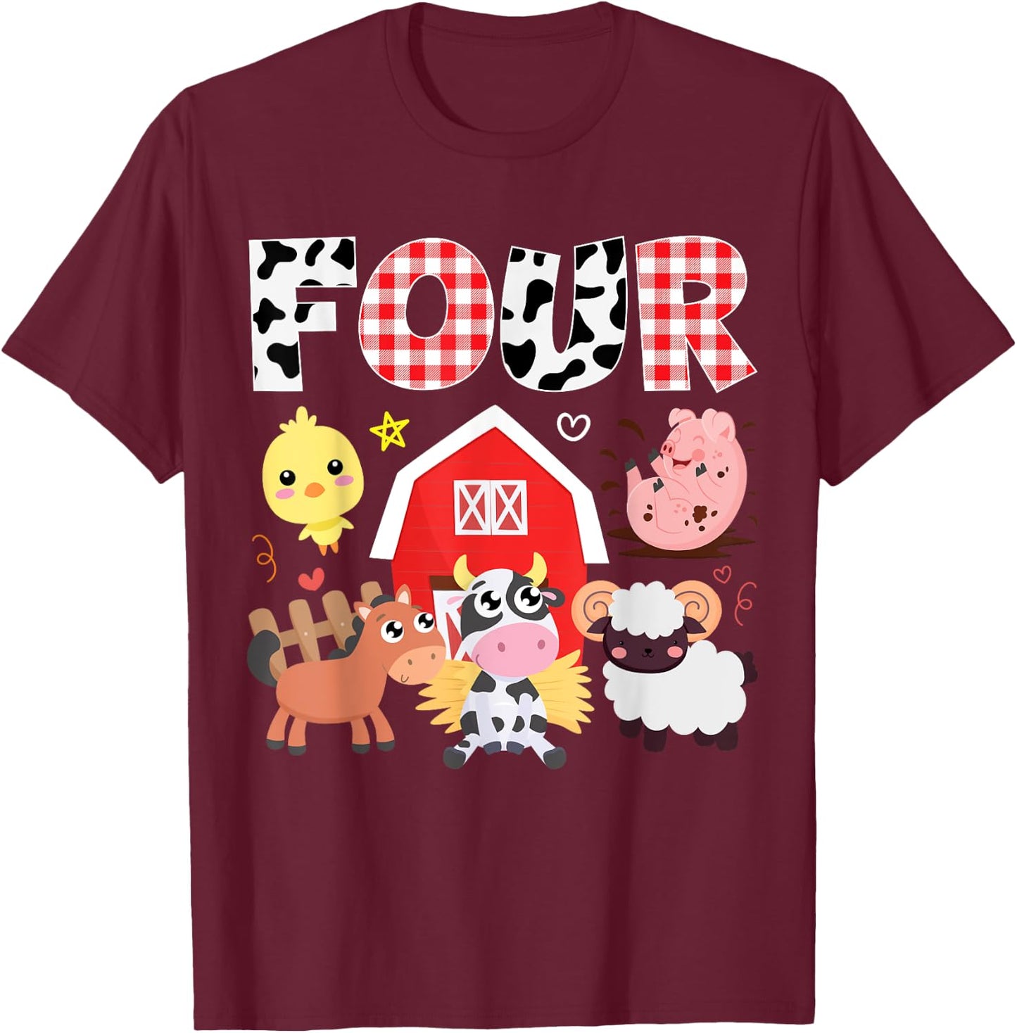 4th Birthday Four Year Old Farm Theme Animals Birthday Party T-Shirt - T-Shirt | Maroon
