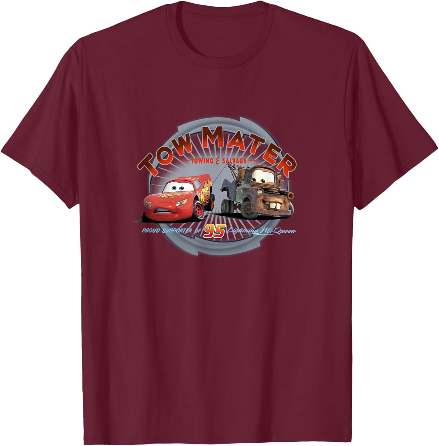 Disney Pixar Cars Tow Mater Towing & Salvage Buddies Shot T-Shirt - T-Shirt | Maroon