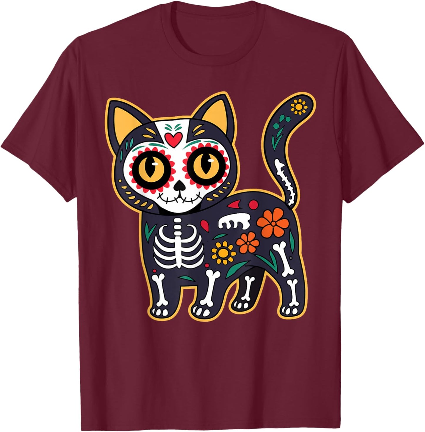 Sugar Skull Cat Halloween Dia De Los Muertos Day of Dead Men Women Kids T-Shirt - T-Shirt | Maroon