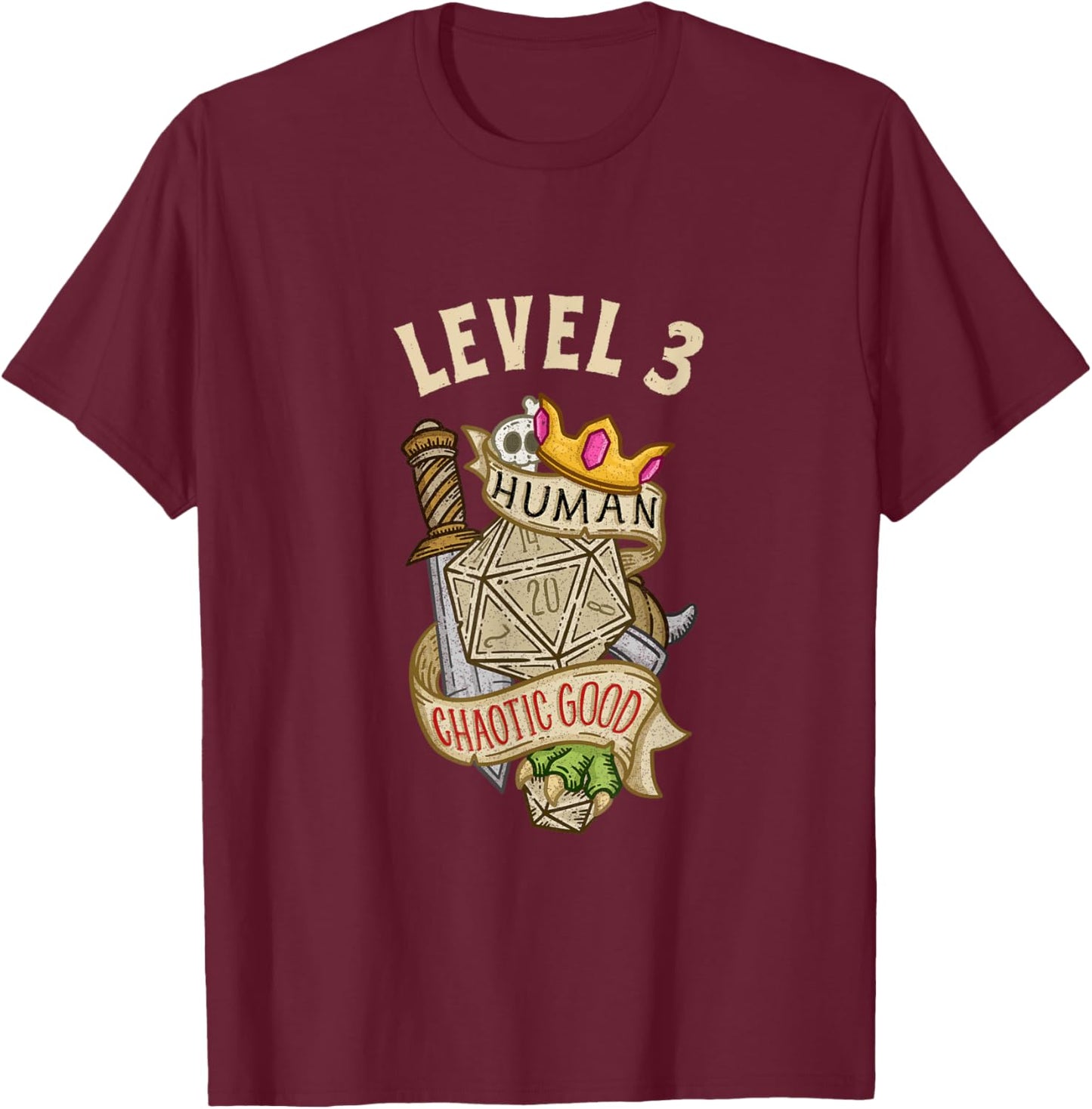 Level 3 Human Chaotic Good RPG Gamer Men Boys Kids T-Shirt - T-Shirt | Maroon