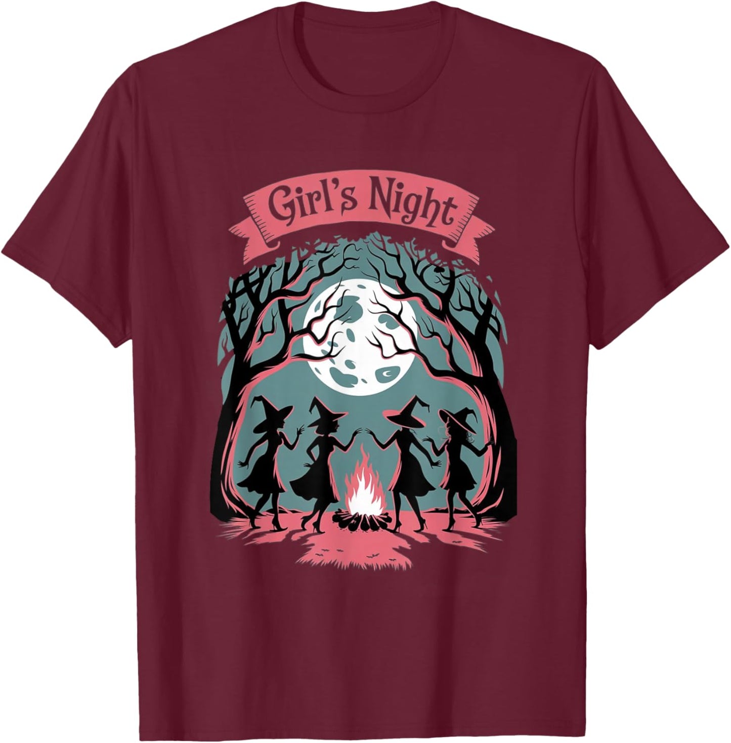 Girl's Night Witch Coven Halloween motif Spooky Fun banner T-Shirt - T-Shirt | Maroon