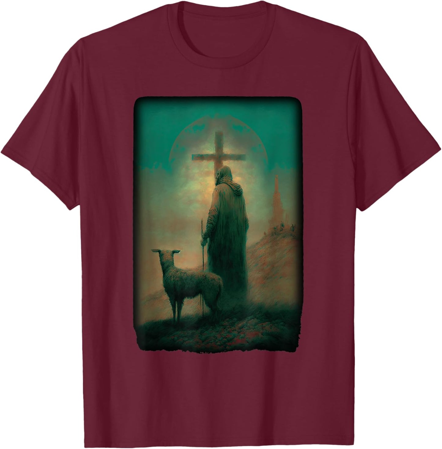 Biblical Jesus Lamb of God Sheep Shepard with Cross Old Art T-Shirt - T-Shirt | Maroon