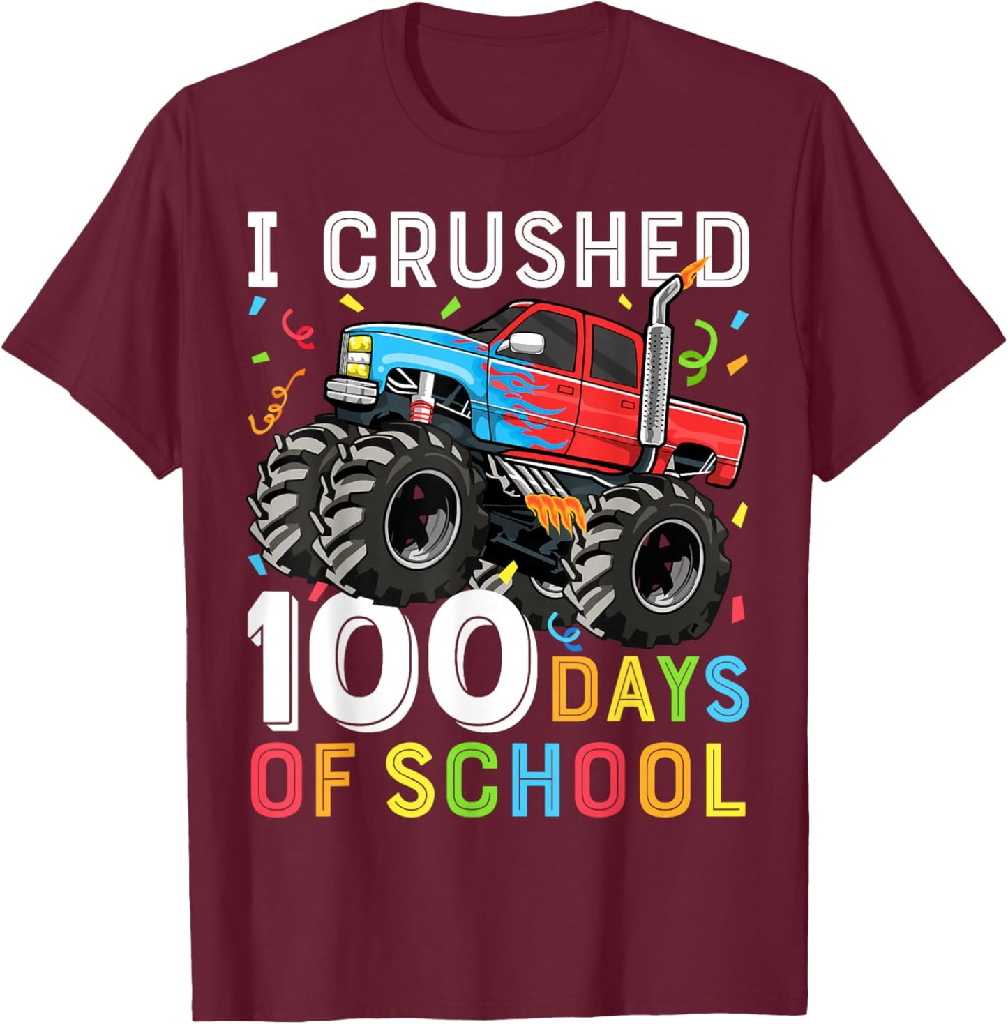 100 Days of School Monster Truck 100th Day of School Boys T-Shirt - T-Shirt | Maroon