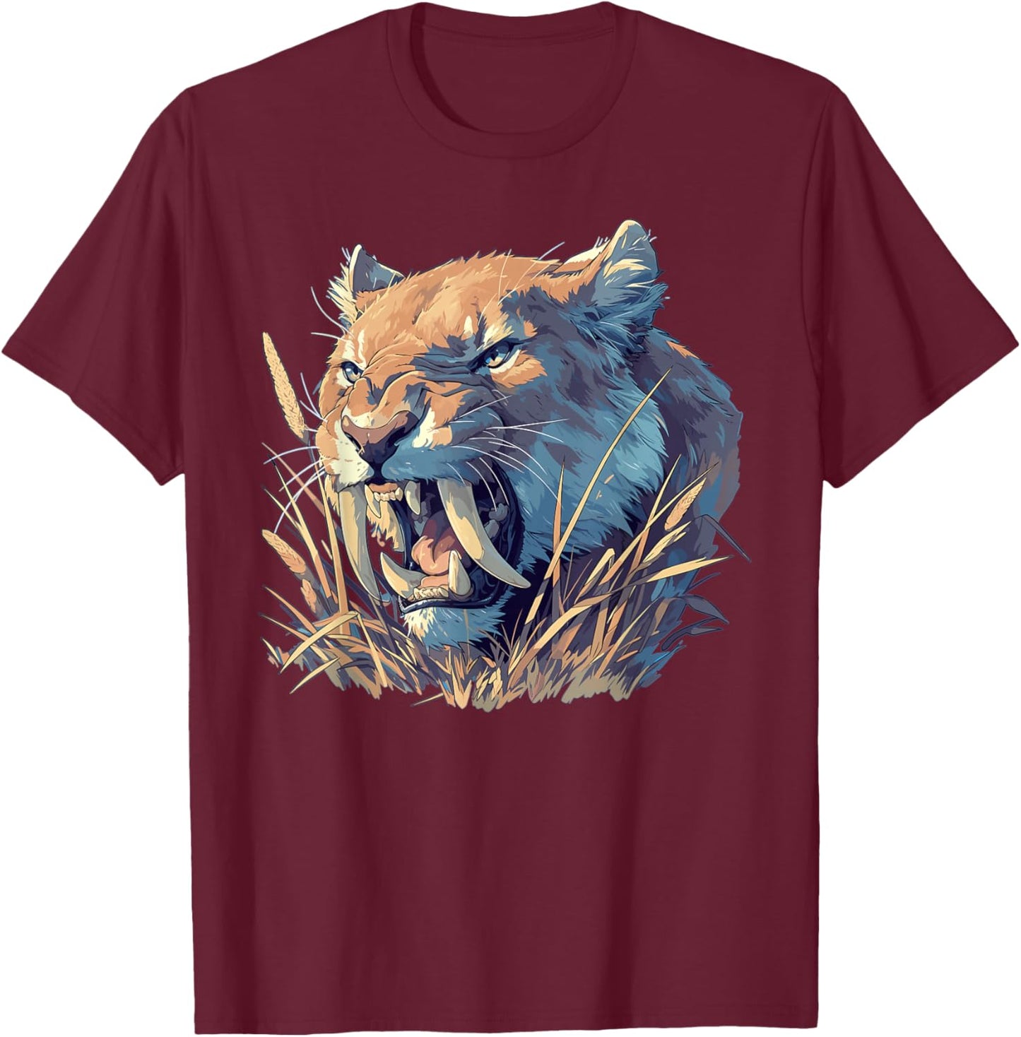 Saber-Toothed Tigers Saber-Toothed Tiger - -Adults, Small, Black, Sleeveless, Cotton Blend, Animal Print Saber-Toothed Tiger T-Shirt - T-Shirt | Maroon