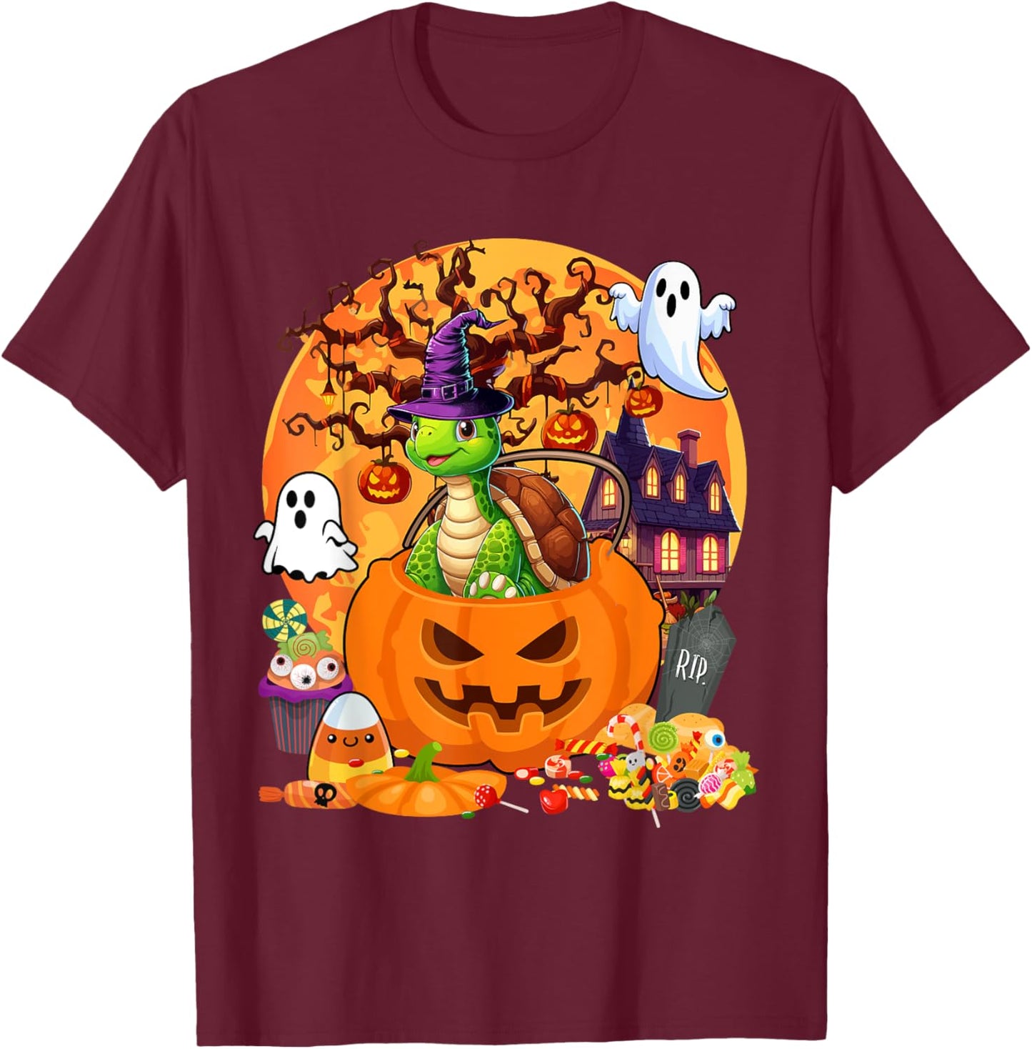 Turtle Cosplay Witch In Carved Pumpkin Basket Halloween T-Shirt - T-Shirt | Maroon
