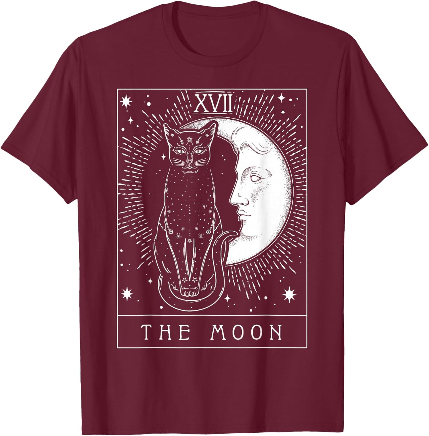 Tarot Card Crescent Moon and Cat Graphic Small T-Shirt - T-Shirt | Maroon