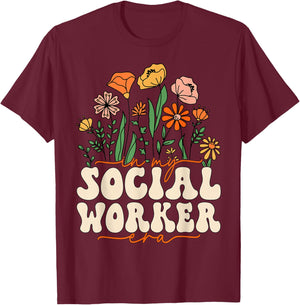 In My Social Worker Era Cute Floral School Social Worker T-Shirt - T-Shirt | Maroon
