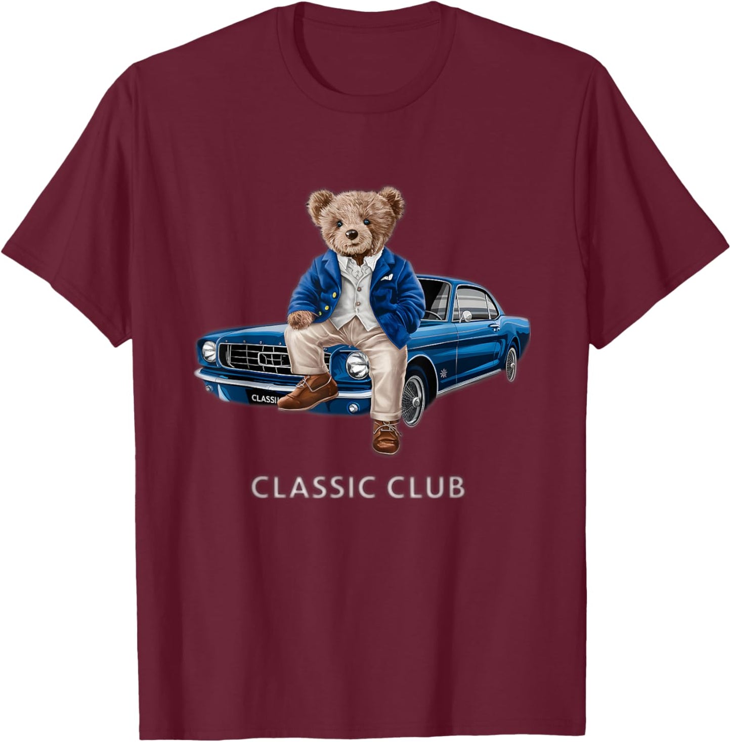 Enjoy Cool Teddy Bear with Classic Car Graphic Designs Fun T-Shirt - T-Shirt | Maroon