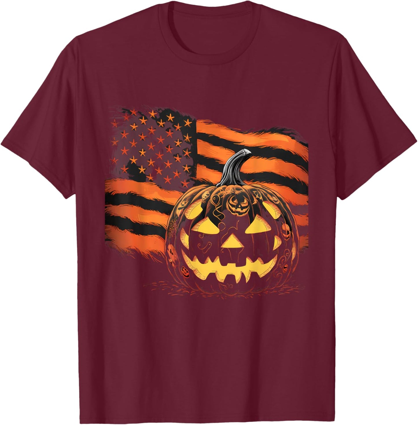 Halloween Pumpkin American Flag Horror Party Costume T-Shirt - T-Shirt | Maroon