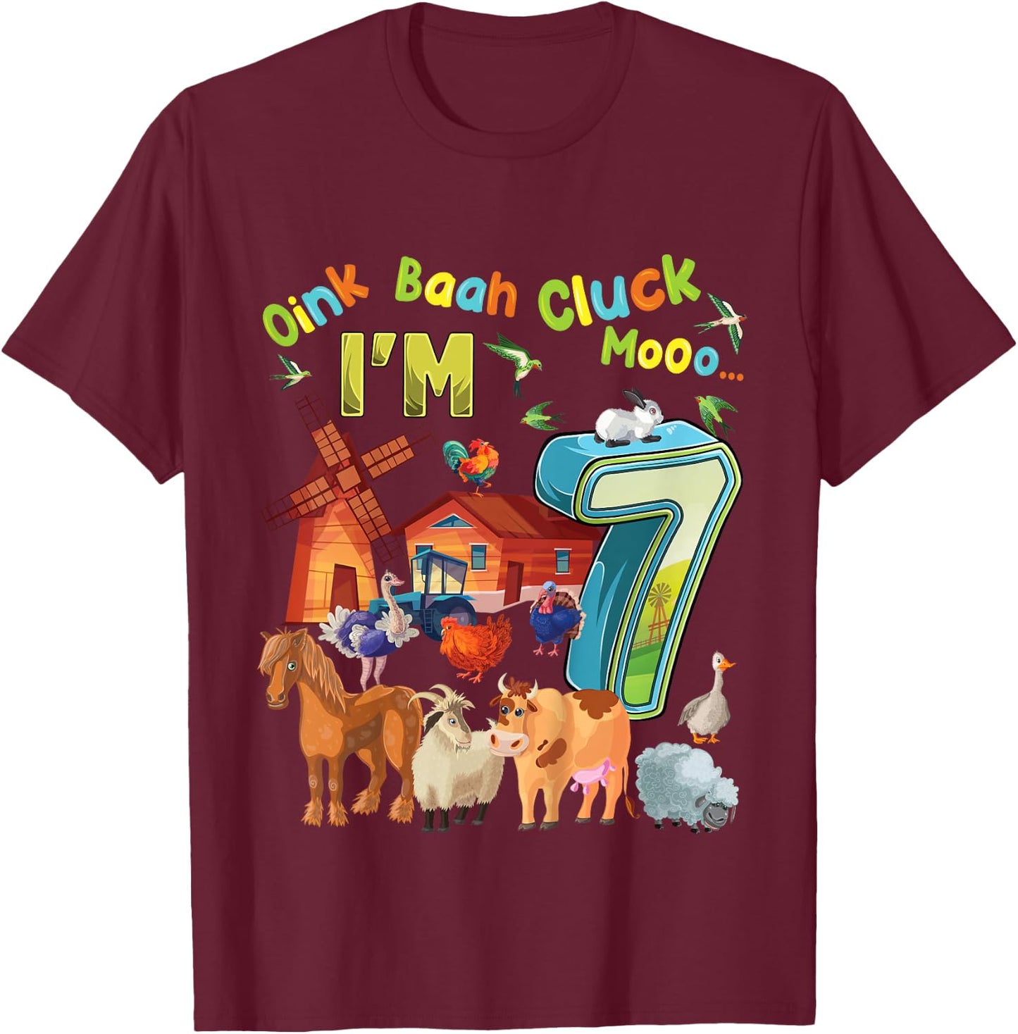 Barnyard 7th Birthday Farm Animals 7 Years Old Farming T-Shirt - T-Shirt | Maroon