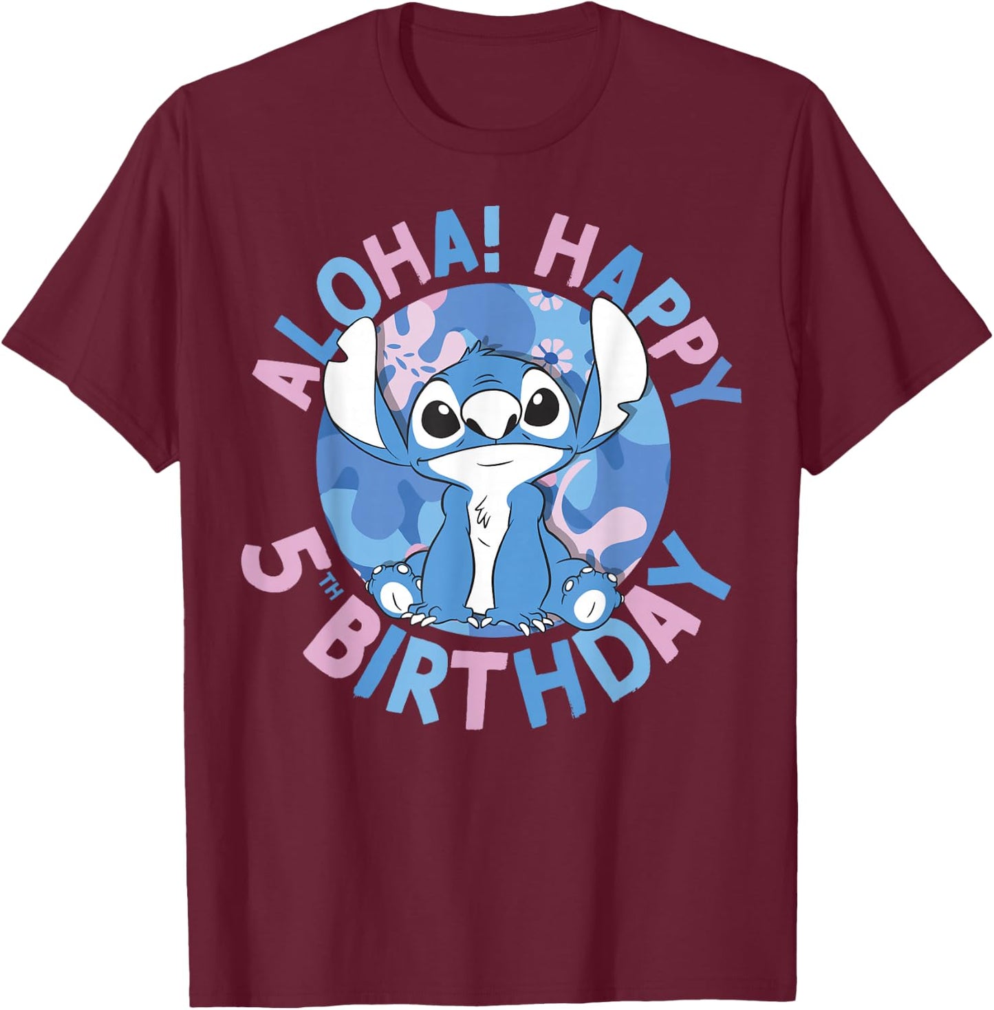 Disney Lilo & Stitch Aloha Happy 5th Birthday T-Shirt - T-Shirt | Maroon