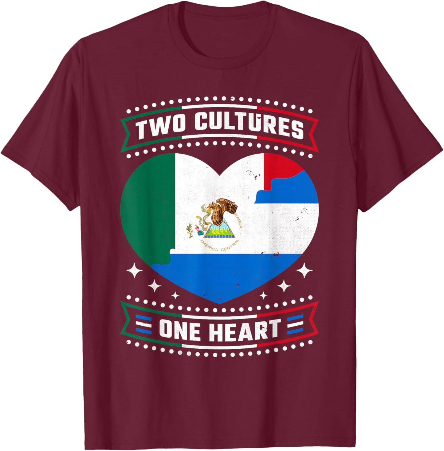 Two Cultures One Heart, Mexico Nicaragua Pride And Heritage T-Shirt - T-Shirt | Maroon