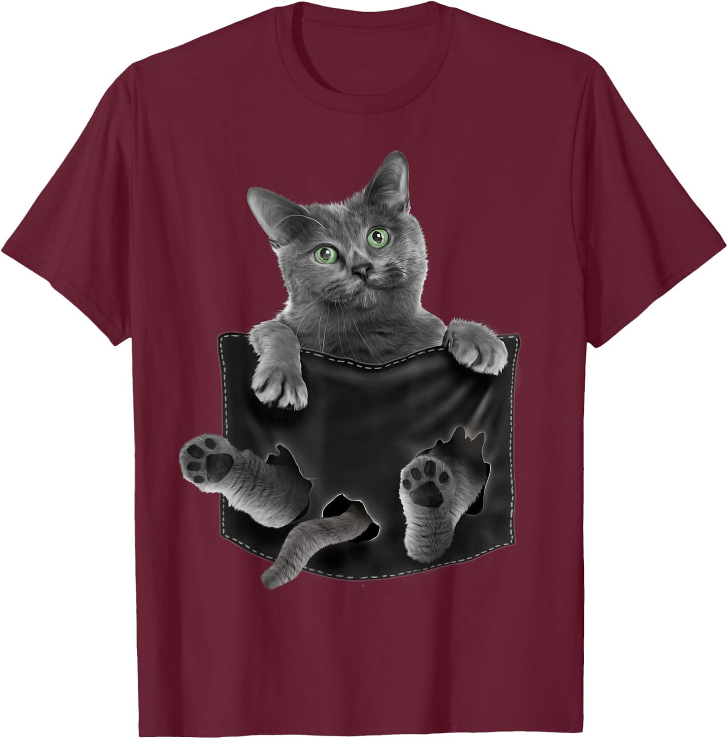 Russian Blue Cat in Pocket T-Shirt - T-Shirt | Maroon