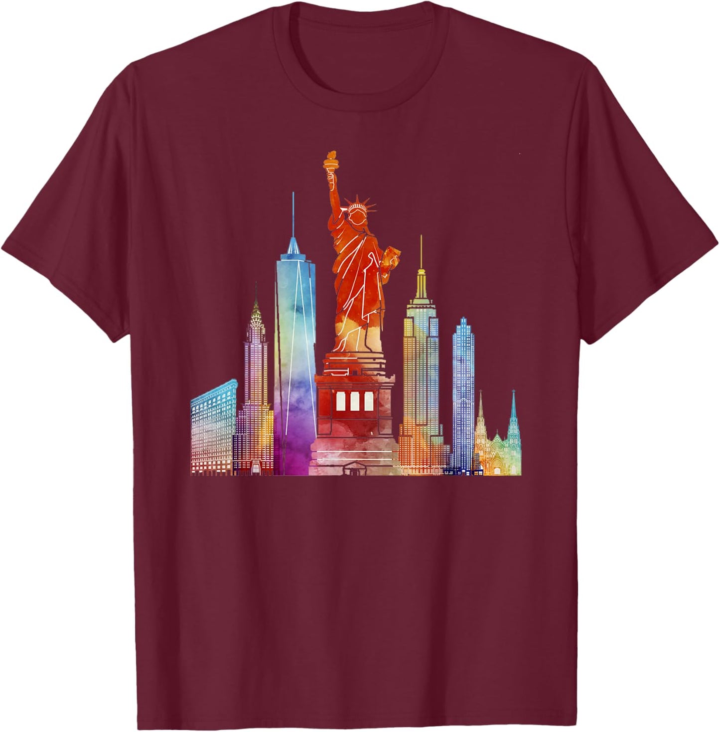 New York City Watercolour Statue of Liberty NYC T-Shirt - T-Shirt | Maroon