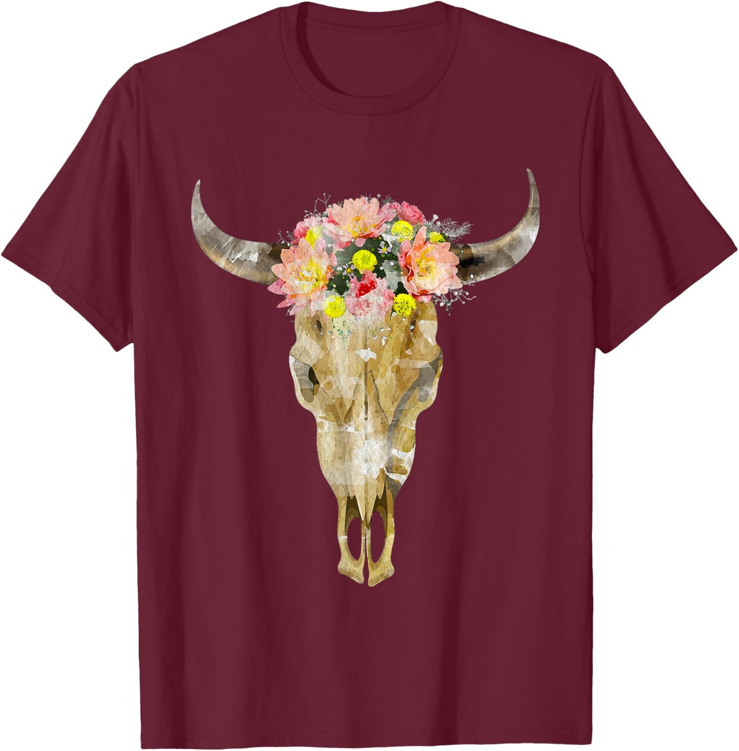 Bull Head Cattle Cow Skull I Western Skull T-Shirt - T-Shirt | Maroon
