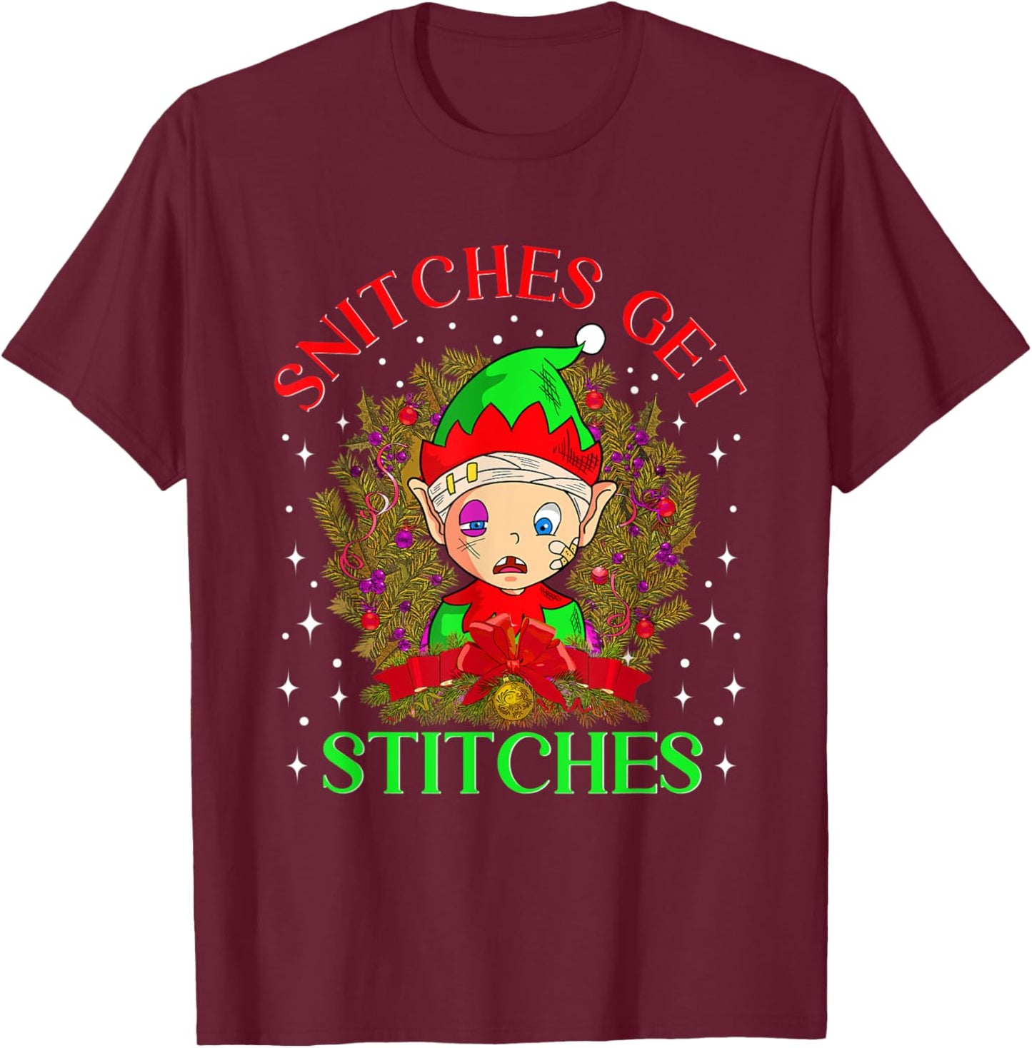 Stiches Get Licks Funny Elf Christmas T-Shirt - T-Shirt | Maroon