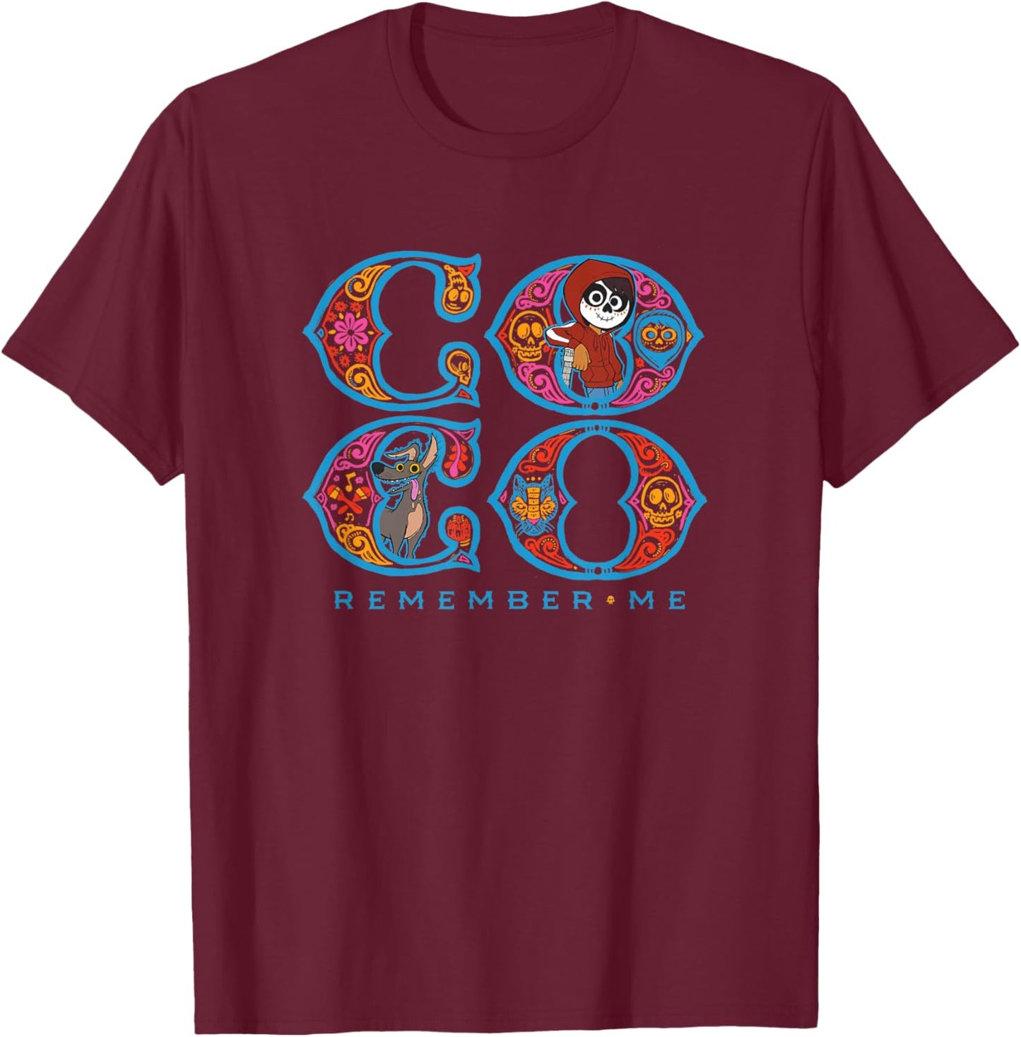 Disney Pixar Coco Miguel Dante Remember Me Chest Text Logo T-Shirt - T-Shirt | Maroon