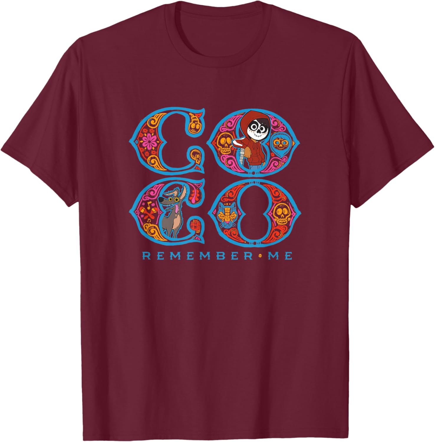 Disney Pixar Coco Miguel Dante Remember Me Chest Text Logo T-Shirt - T-Shirt | Maroon