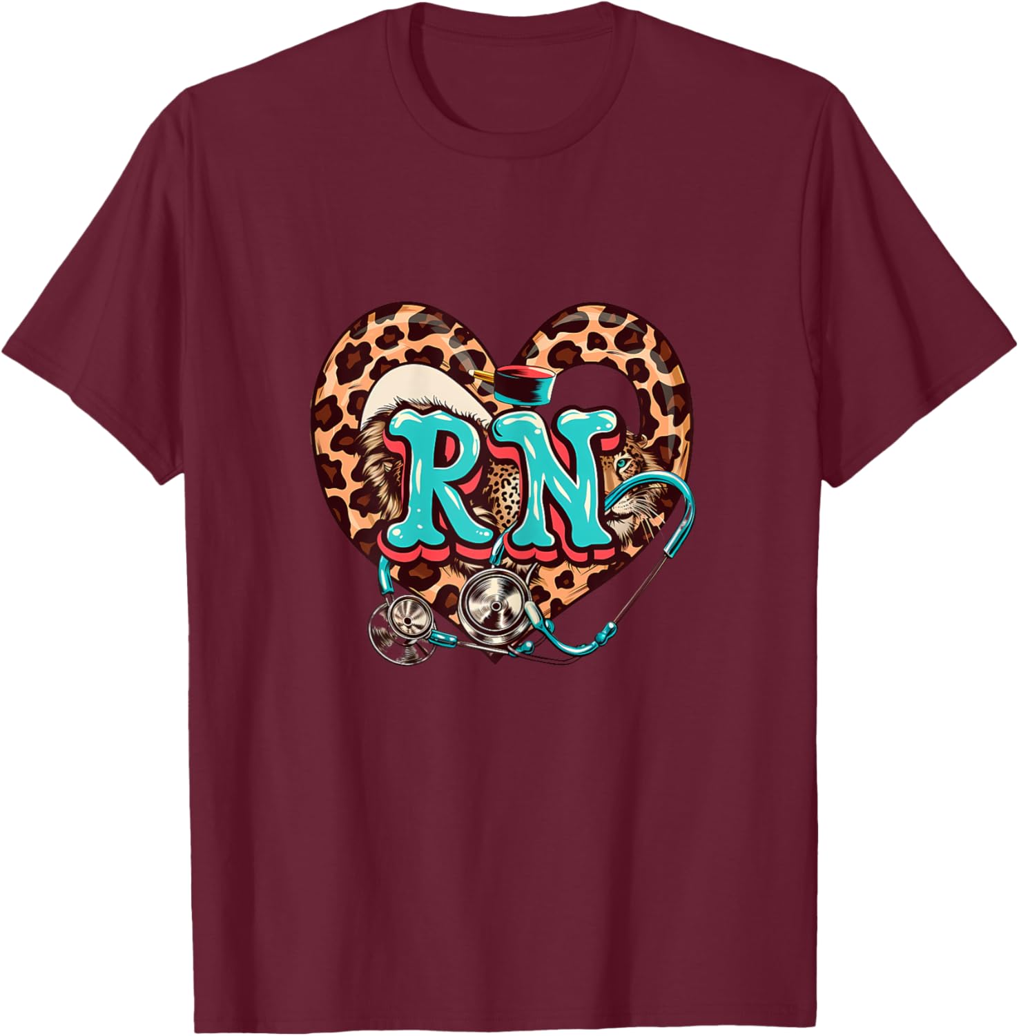 RN Registered Nurse Stethoscope Medical Heart Leopard T-Shirt - T-Shirt | Maroon