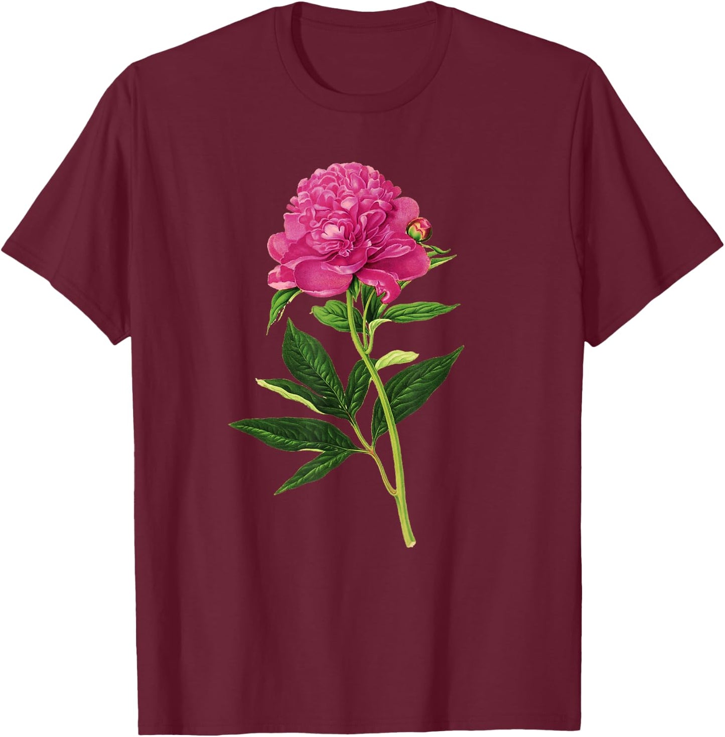 Vintage Botanical Print, Fuchsia Pink Peony T-Shirt - T-Shirt | Maroon