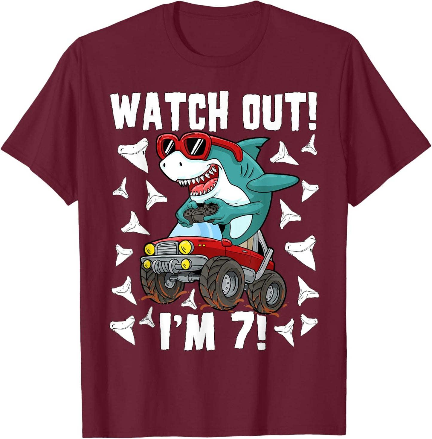 7 Years Old 7th Birthday Shark Boy Girl Monster Truck Gamer T-Shirt - T-Shirt | Maroon