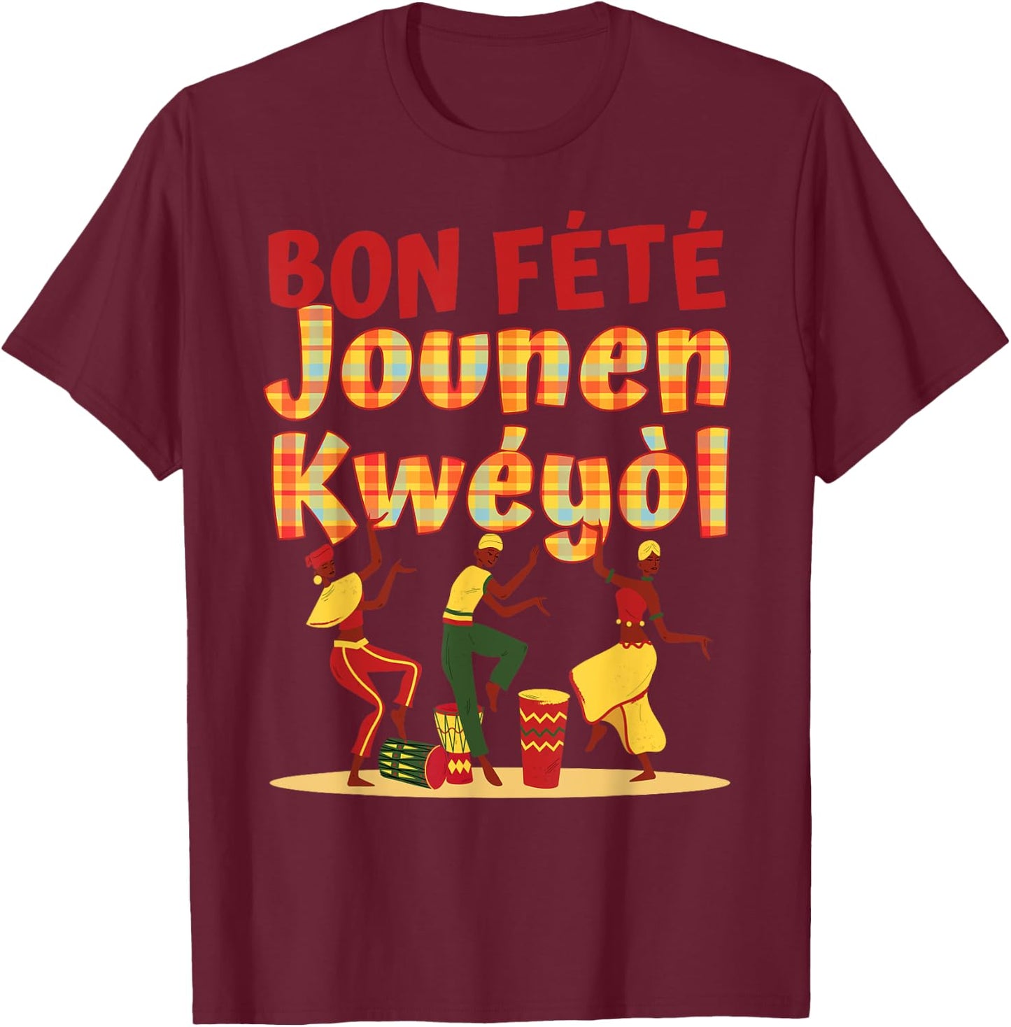Bon Fete Jounen Kweyol, Happy Creole Day Madras Plaid T-Shirt - T-Shirt | Maroon