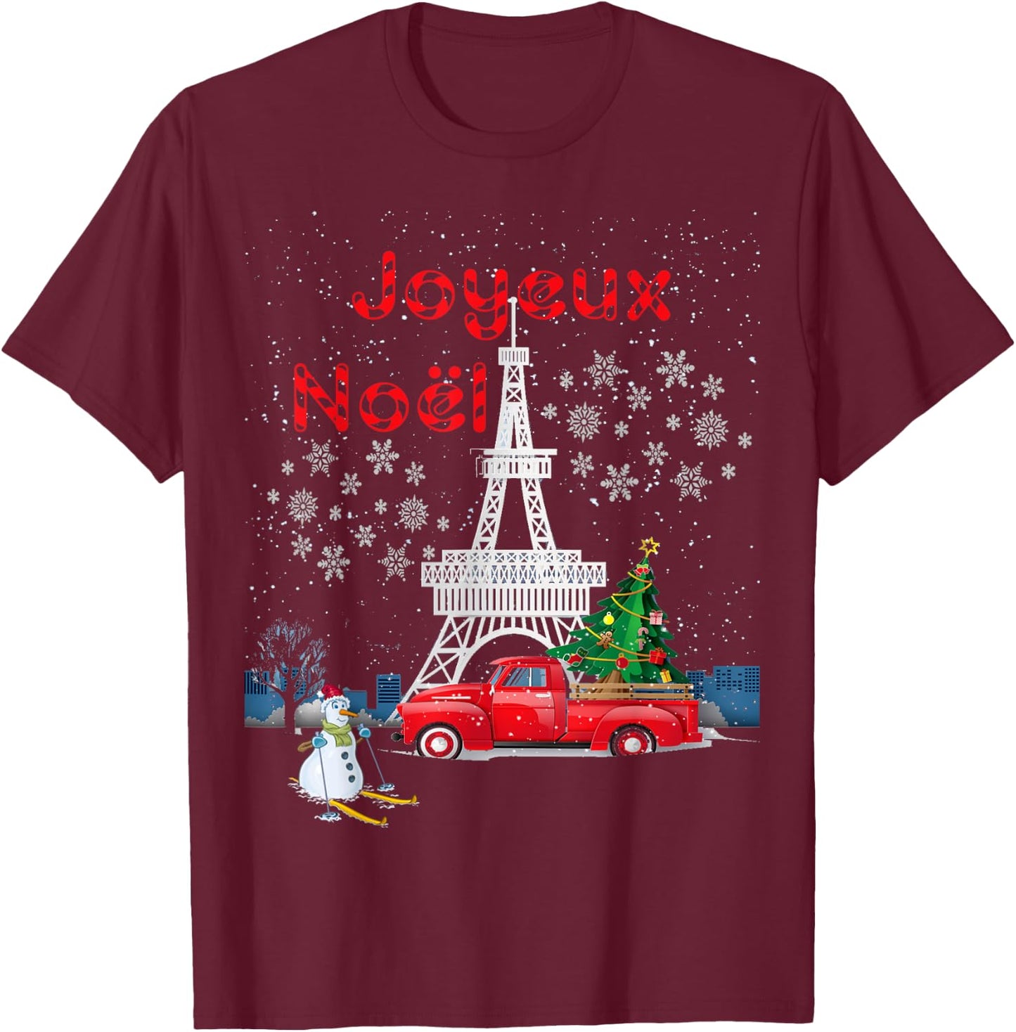 Paris Eiffel Tower Christmas Tree Red Truck Joyeux Noël Gift T-Shirt - T-Shirt | Maroon