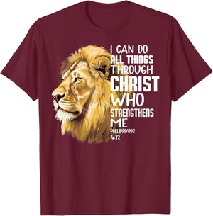 I Can Do All Things Through Christ Christian Lion Faith T-Shirt - T-Shirt | Maroon