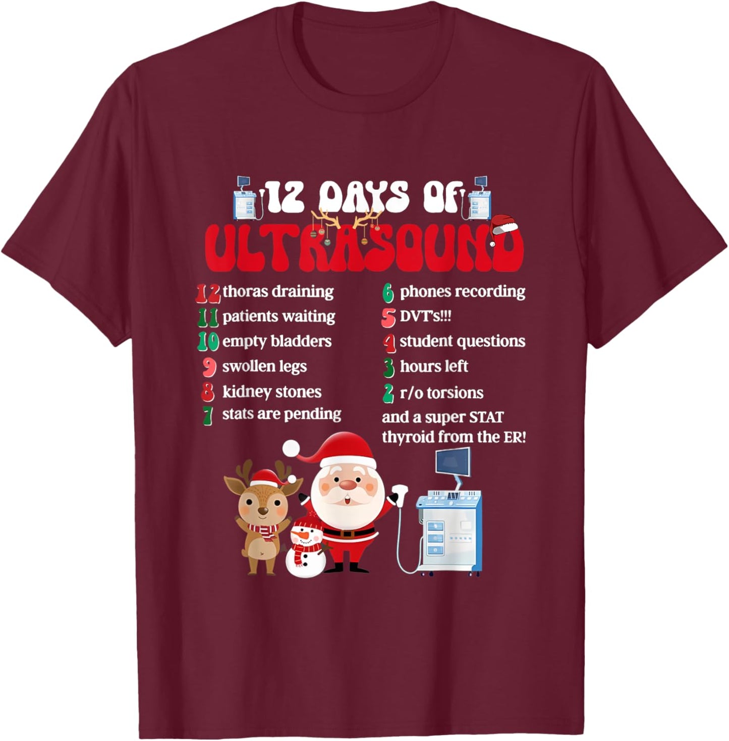 Women Retro 12 Days Of Ultrasound Tech Christmas Sonographer T-Shirt - T-Shirt | Maroon