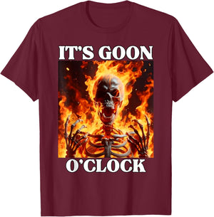 Gooning O'clock Funny Cringe Hard Skeleton Meme Flames T-Shirt - T-Shirt | Maroon