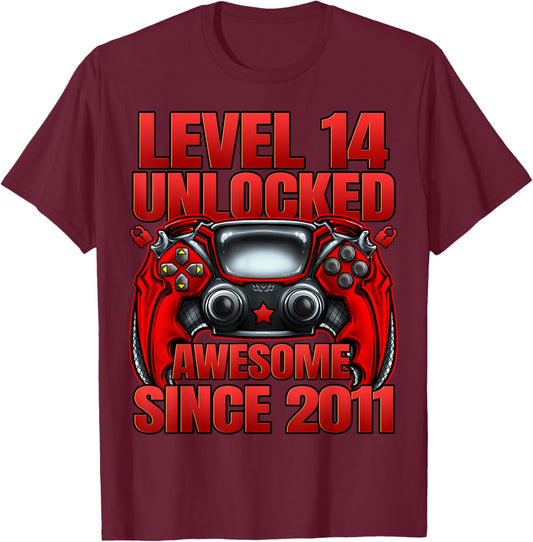 Level 14 Unlocked 14 Year Old Gifts Boys 14th Birthday Boy T-Shirt - T-Shirt | Maroon
