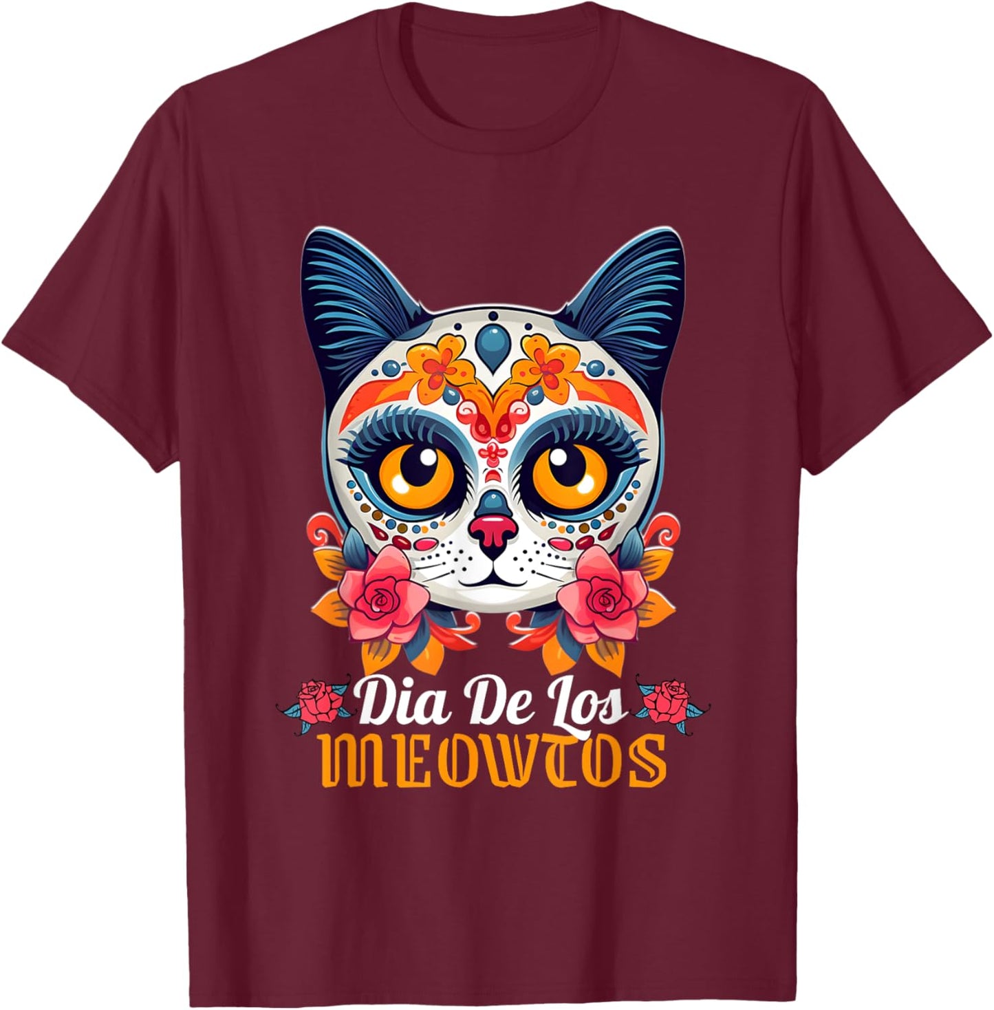 Cat Sugar Skull Funny Dia De Los Meowtos Muertos Halloween Women Kids T-Shirt - T-Shirt | Maroon